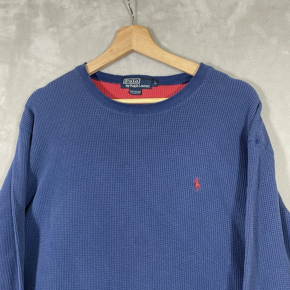 Vintage Polo Ralph Lauren Thermal Waffle Knit Shirt Mens Large Blue Red Cotton